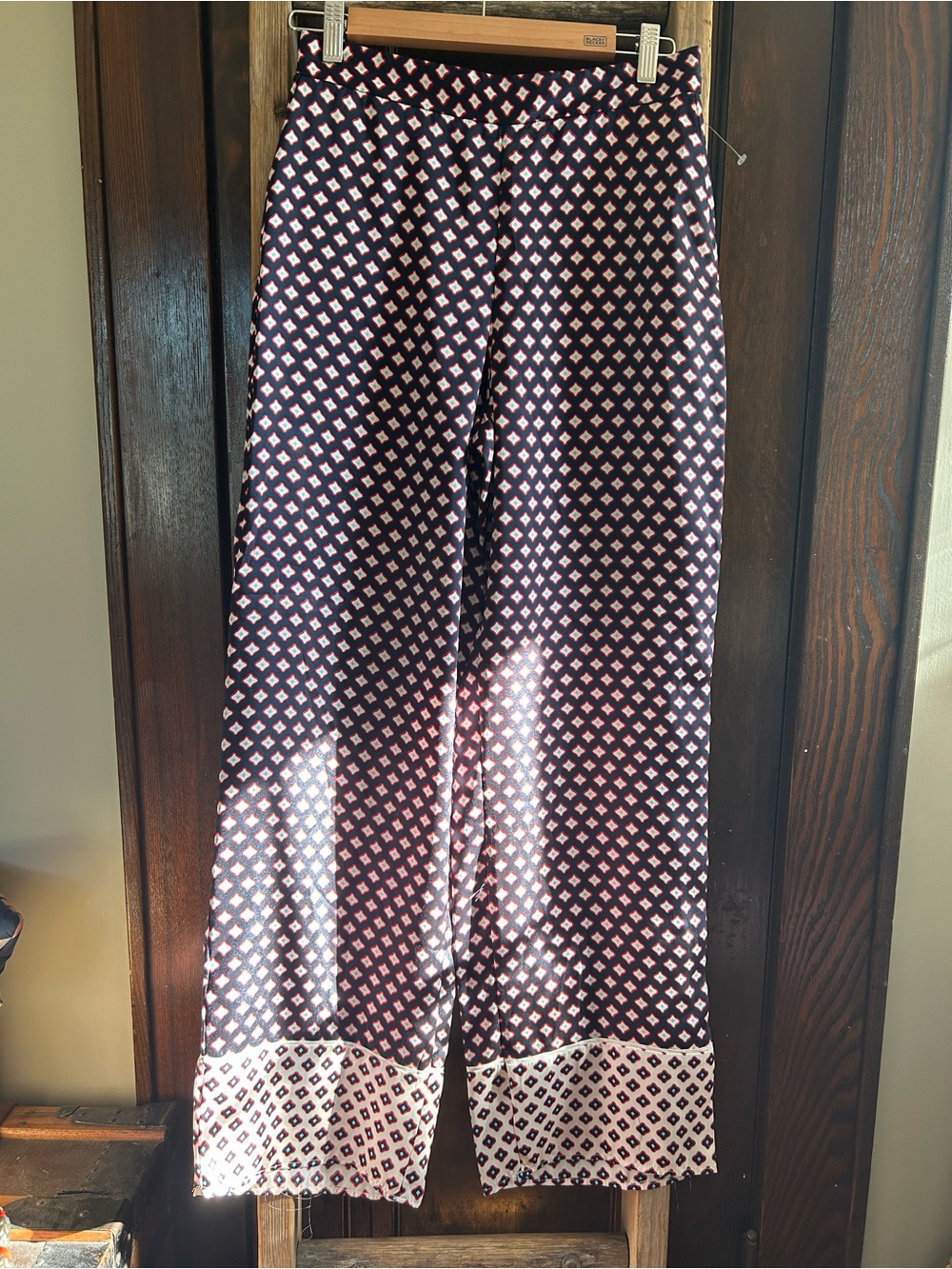 NWT Zara Navy, Red, White Geometric Print, Wide-Leg Pants, elastic waist, sz S
